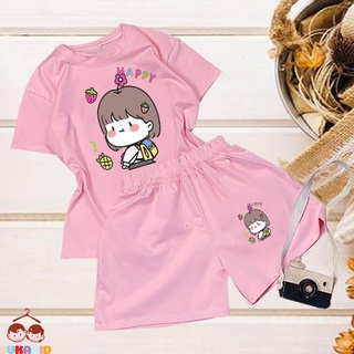 Đồ bộ ngắn tay bộ bé gái hinh bé gái happy trái dâu, thơmcho be từ 6kg-29kg.BDBG61.