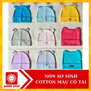 (Cho chọn màu) Nón sơ sinh MÀU có TAI/ Mũ sơ sinh cotton màu size 0-2 tháng
