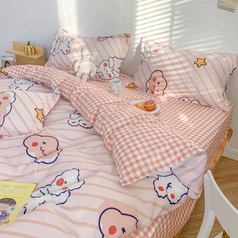 Set Chăn Ga Thỏ Mây Nền Hồng Cam Cotton Poly Thoáng Mát Hàng Xuất Nhật