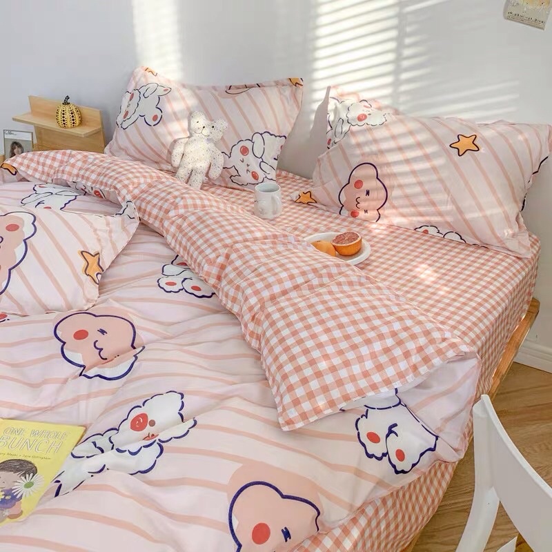 Set Chăn Ga Thỏ Mây Nền Hồng Cam Cotton Poly Thoáng Mát Hàng Xuất Nhật (Shinbedding_store)