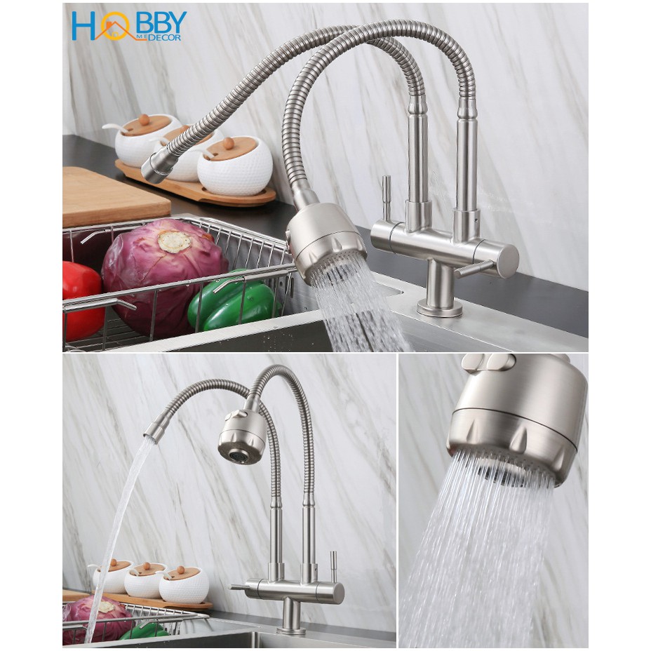 Vòi rửa chén 2 đầu lạnh lò xo có vòi tăng áp 2 chế độ phun HOBBY Home Decor LX2D chuẩn Inox 304 - 2 kiểu dáng