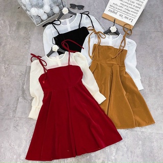 Váy nhung đỏ tiểu thư phối tay voan dáng xòe công chúa cao cấp vn031 đen , đỏ, nâu