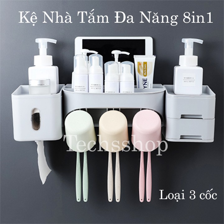 Kệ Để Bàn Chải Kem Đánh Răng Đa Năng 8in1 Renai Ra-829C Có Hộp Đựng Giấy Vệ Sinh - Loại 3 cốc, 4 cốc