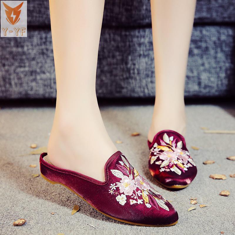[OneY]2018 Summer New Products Old Beijing Cloth Shoes Embroidered Slippers Chinese Ethnic Style Retro Shiny Fashion Slippers Women's Shoes