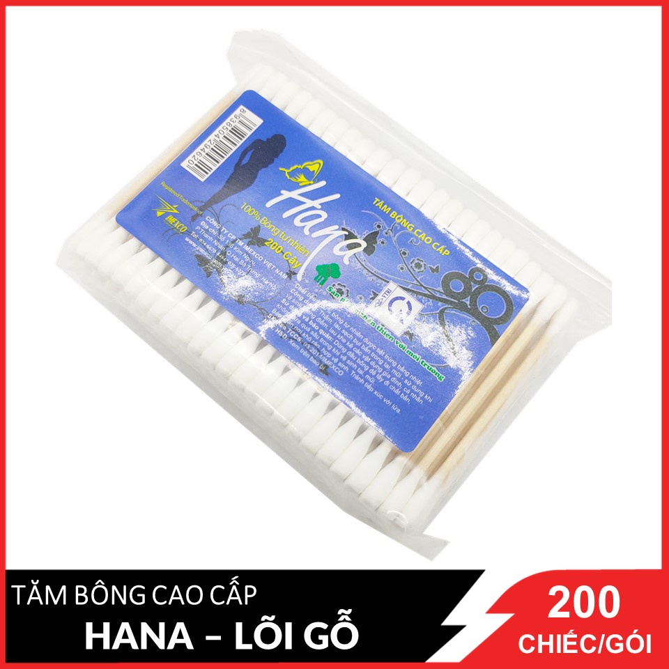 Tăm bông Hana (Xanh Đậm) gói Poly - 200c (lõi gỗ)