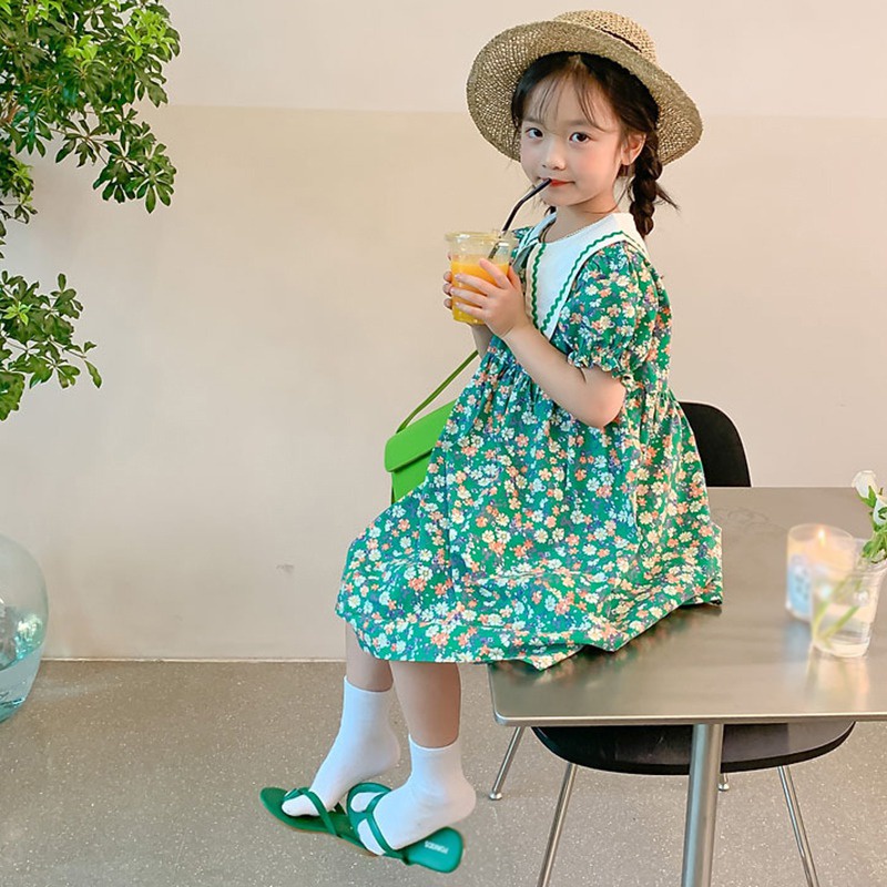 Đầm Công Chúa Tay Phồng Cổ Bẻ In Họa Tiết Hoa Phong Cách Hàn Quốc Thời Trang Mùa Hè Xinh Xắn Cho Bé Gái