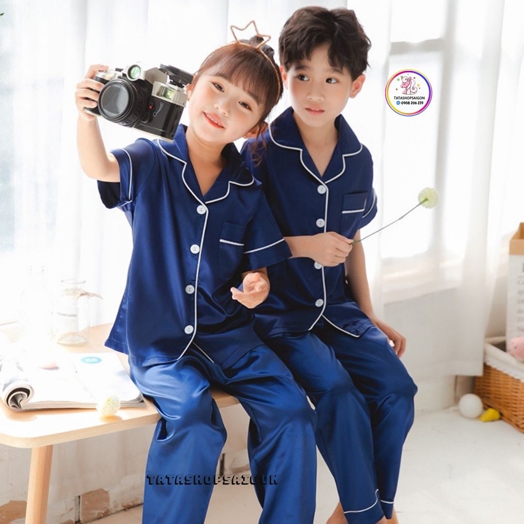 11-40kg Bộ pijama lụa phi bóng tay ngắn quần dài bé trai bé gái mặc đẹp cao cấp