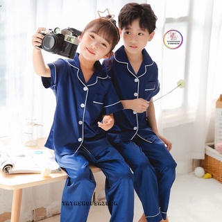 11-40kg Bộ pijama lụa phi bóng tay ngắn quần dài bé trai bé gái mặc đẹp