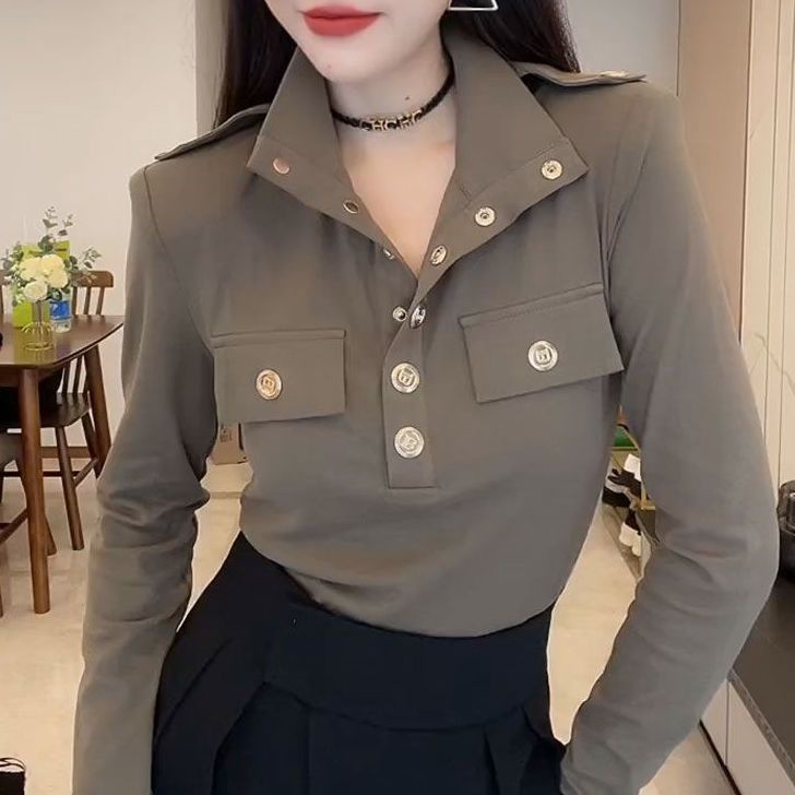 Áo Thun Cotton Cổ POLO Phối Nút Kim Loại Thời Trang Mùa Thu Dành Cho Nữ