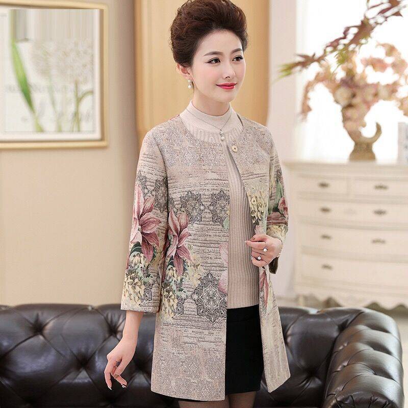 Áo khoác mùa xuân của phụ nữ trung niên và cao tuổi mẹ kiểu jacquard gió