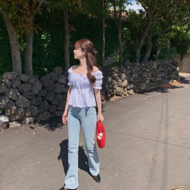 Áo Kiểu Tay Ngắn Cổ Vuông Thắt Nơ Phong Cách Hàn Quốc Dễ Thương 52801