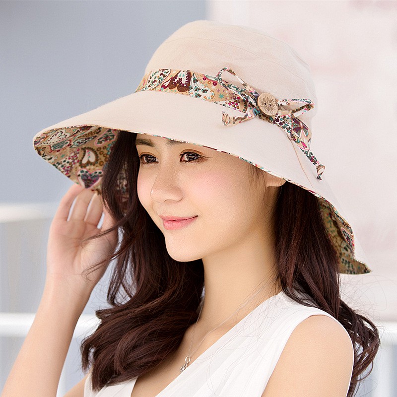 Nón Chống Nắng Vành Rộng 2 Mặt Trơn Phối Hoa