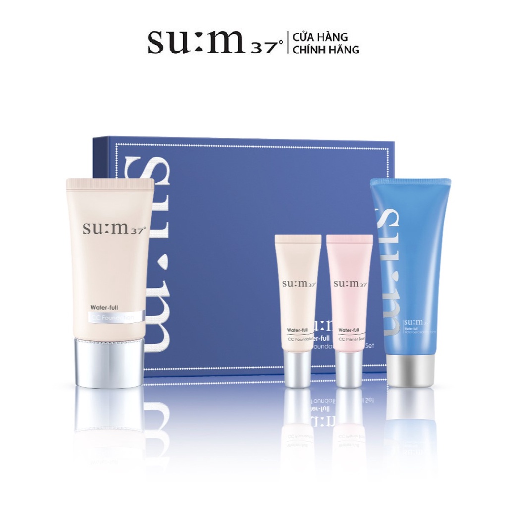 Bộ kem nền cấp nước dưỡng ẩm che khuyết điểm chống lem trôi khi đeo khẩu trang Su:m37 Water-full CC Foundation