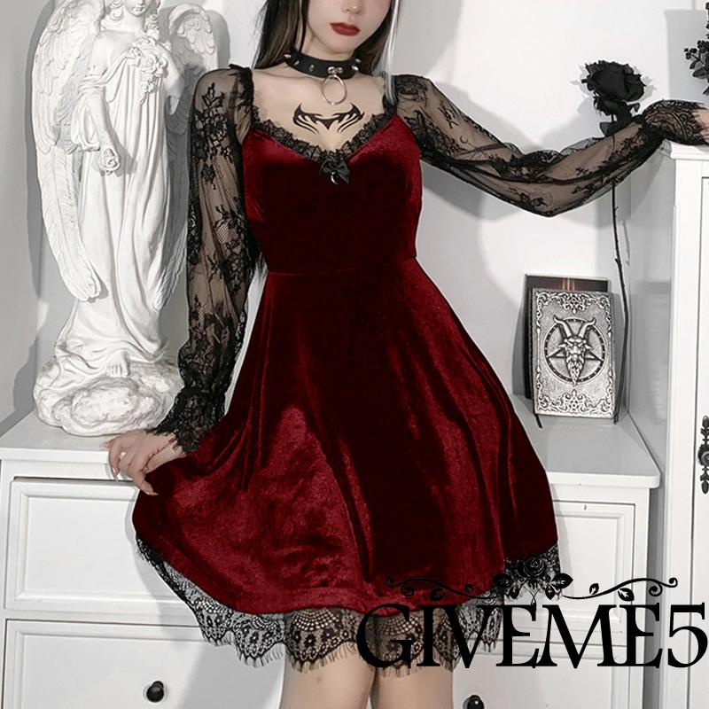 Đầm chữ A tay dài phối ren màu đen phong cách Gothic cổ điển thời trang mùa thu cho nữ