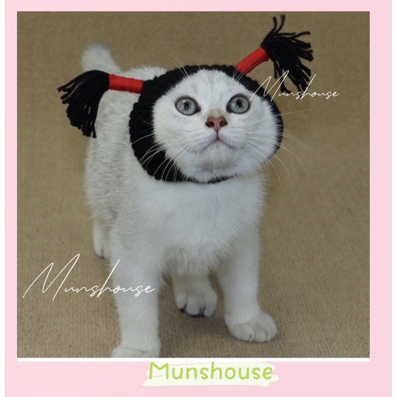 Mũ len tóc buộc dây đỏ hai bên cho thú cưng