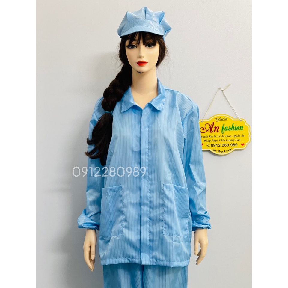 [Áo+Quần+Nón] Đồng phục phòng sạch màu xanh vải chống tĩnh điện tay dài cổ bẻ dây kéo _ Hình chụp thật