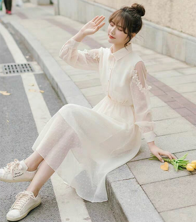 Đầm Voan Dài Tay Phối Lưới Xinh Xắn Dành Cho Nữ | BigBuy360 - bigbuy360.vn