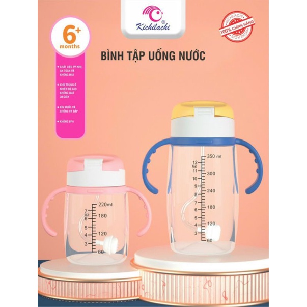 Bình tập uống nước Kichi nhựa Meka cao cấp 220ml cho bé - chống sặc , chống đổ - Tặng cọ vệ sinh ống