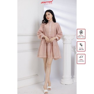 Đầm babydoll nữ cổ trụ tay lỡ bồng CRAZYTEEN thiết kế trẻ trung, dễ thương (D0036)