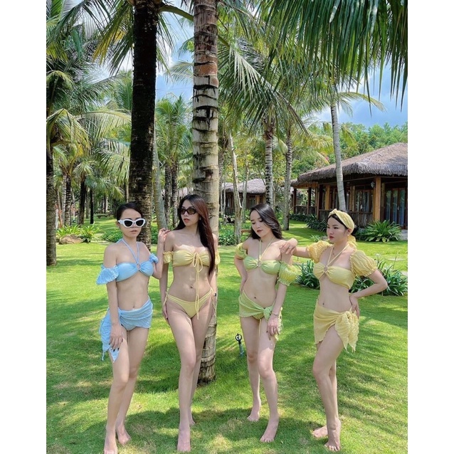 Đồ bơi 2 mảnh áo QUÂY TAY BỒNG trễ vai quần chip XỐP nhún đủ màu siêu hot