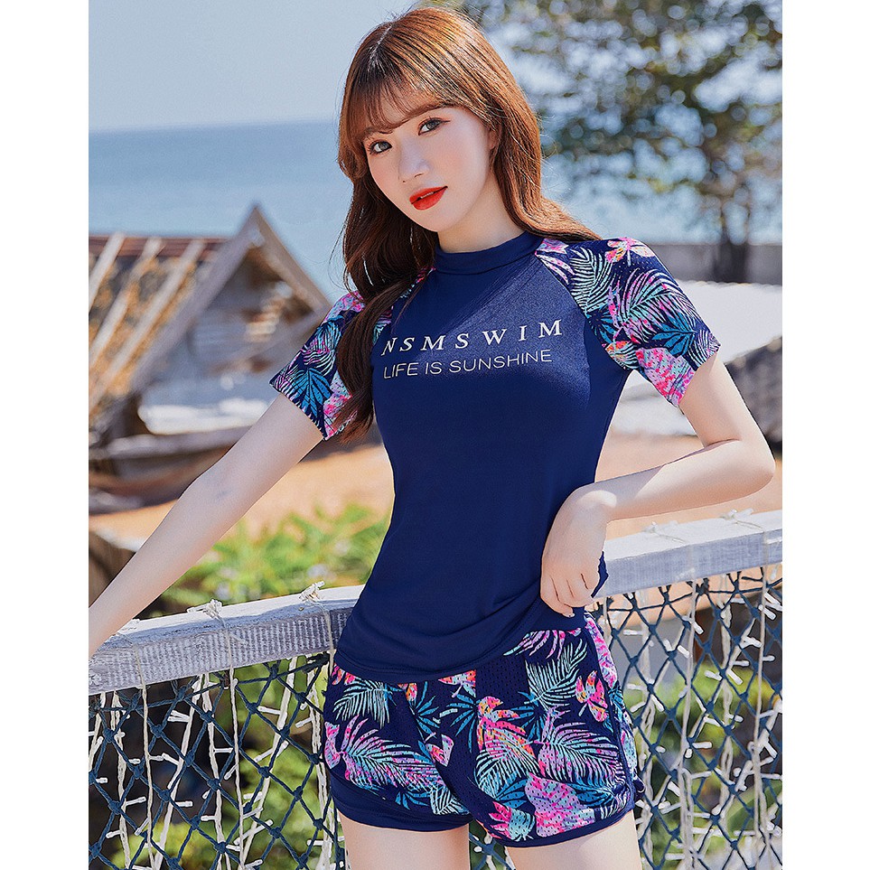 Đồ bơi nữ tay ngắn phối bông dạng quần kiểu dáng Hàn Quốc hợp thời trang