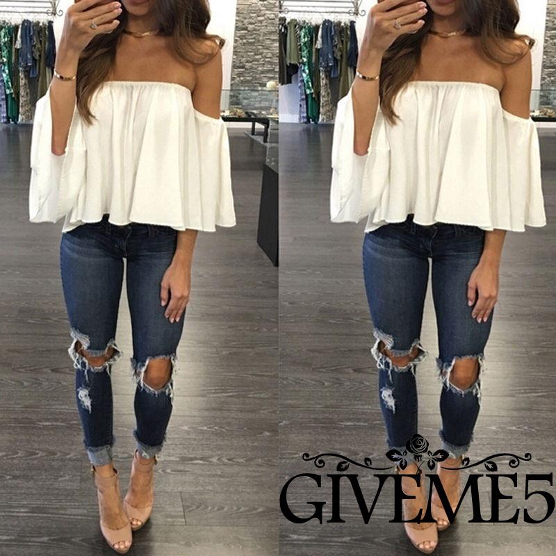 Áo thun trễ vai màu trơn quyến rũ cho nữ