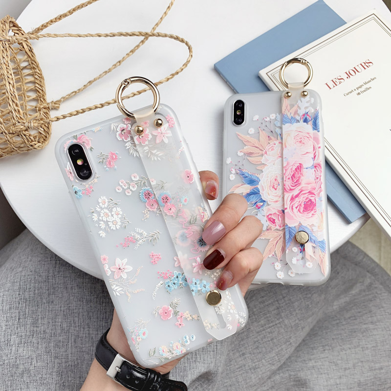 Ốp Lưng Họa Tiết Hoa Chạm Nổi Có Dây Đeo Tay Cho Iphone 11 Pro Max 6 6s 7 8 Plus X Xs Max Xr Se 2020