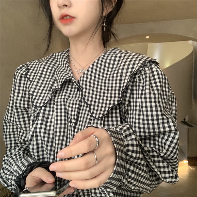 Áo sơ mi công sở tay dài họa tiết kẻ sọc phong cách Retro Hàn Quốc trẻ trung cho nữ Xiaozhainv