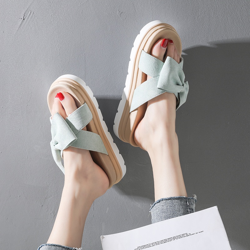 □New 2021 Sandals and slippers women s summer wear thick-soled fashion Korean version of cross-bowknot all-match non-slip high-slip slipperssandal