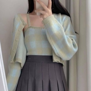 Set áo hai dây kiểu ngắn nữ len ôm sọc caro kèm áo khoác cardigan dày dặn croptop - Order taobao quảng châu