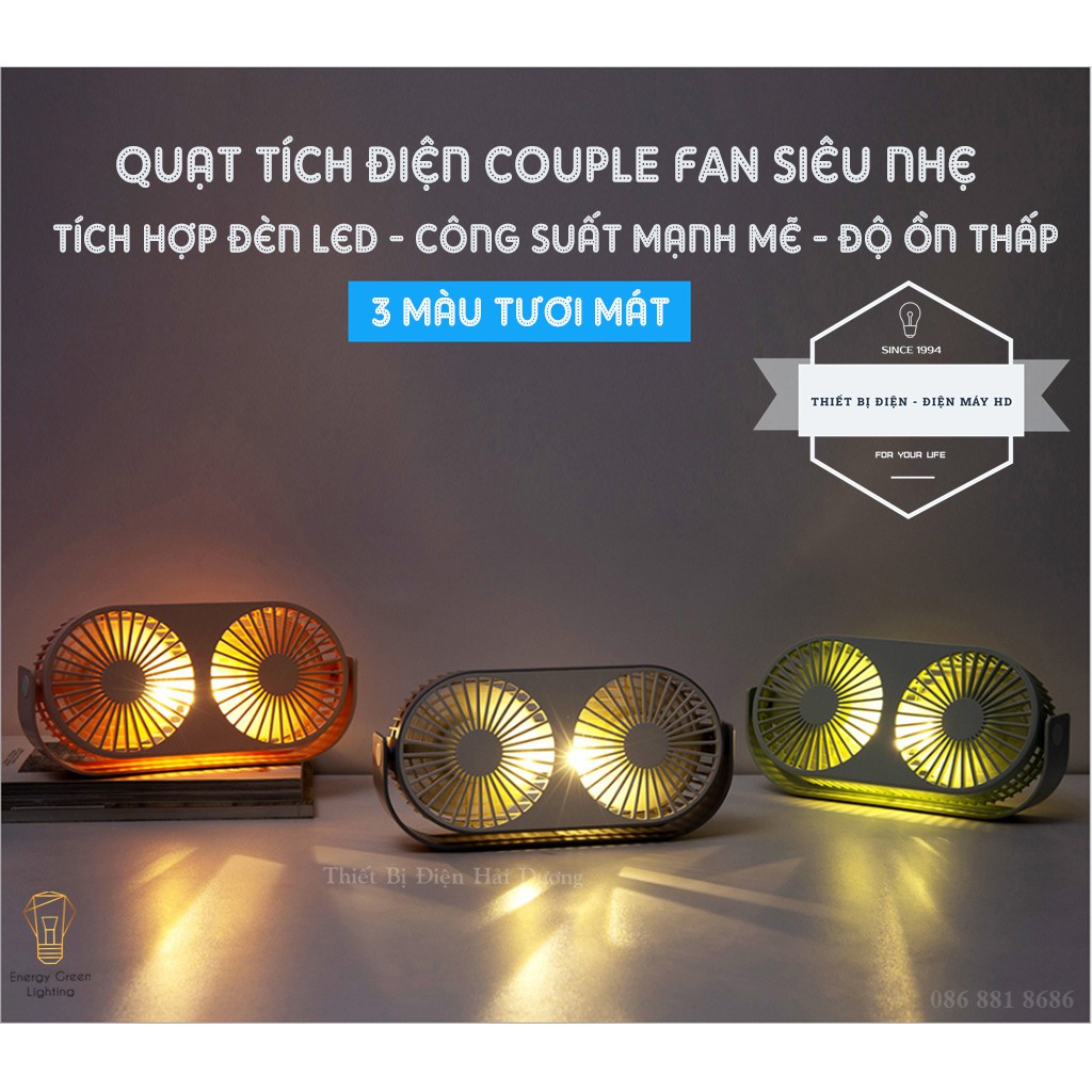 Quạt Tích Điện Couple Fan AQ20W Siêu Nhẹ - Pin Khỏe - Tích Hợp Đèn LED - Khuếch Tán Tinh Dầu - 3 Chế Độ Mát - BH 1 Năm
