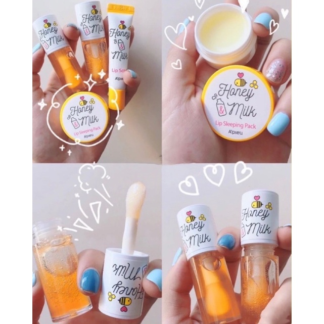 Bộ sản phẩm dưỡng môi Apieu Honey & Milk Lip oil/ Lip balm/ Lip scrub/ Lip sleeping mask