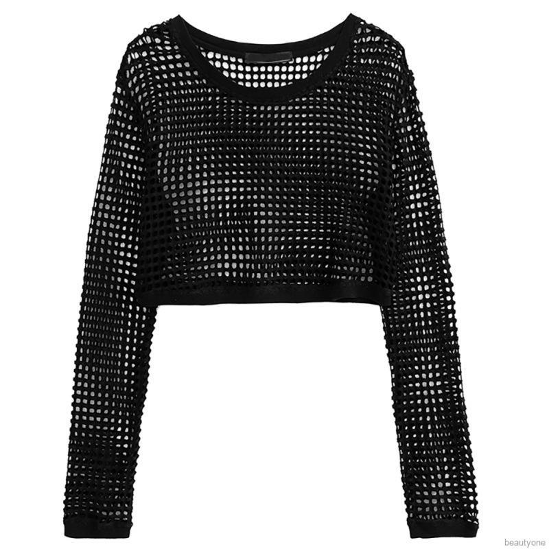 Áo Croptop Tay Dài Phối Lưới Thiết Kế Quyến Rũ Cho Nữ