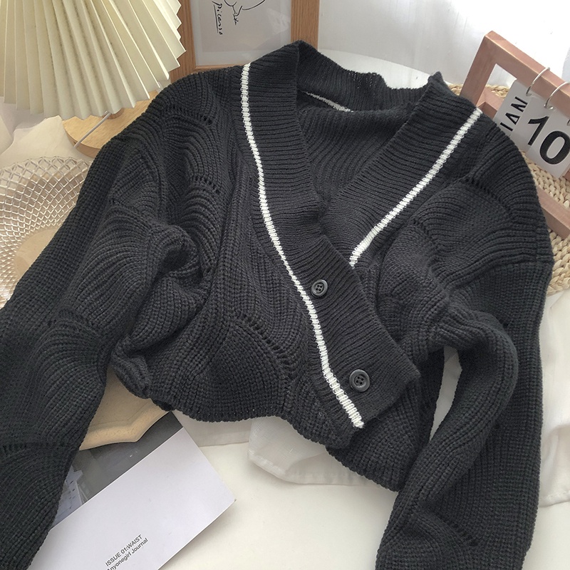 Áo sweater dệt kim tay dài cổ chữ V dáng ngắn phong cách thời trang Hàn Quốc
