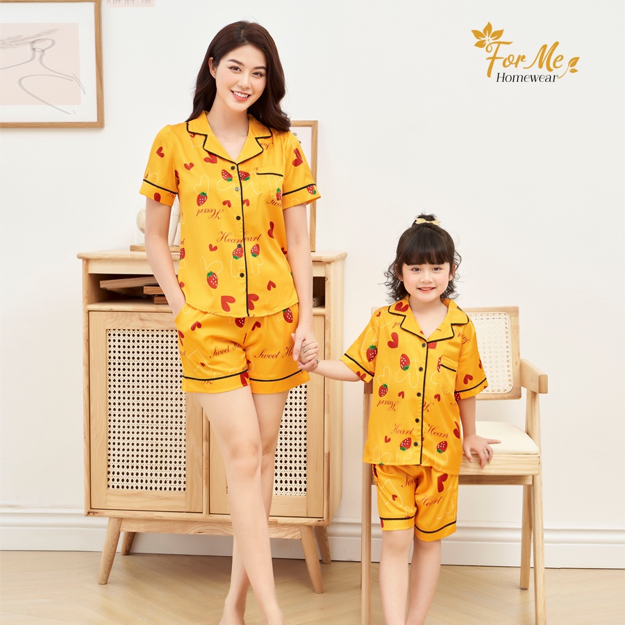 Bộ đồ ngủ, mặc nhà chất Lụa Giấy Luxury Set MẸ &amp; BÉ DÂU TÂY VÀNG ,forme pijama