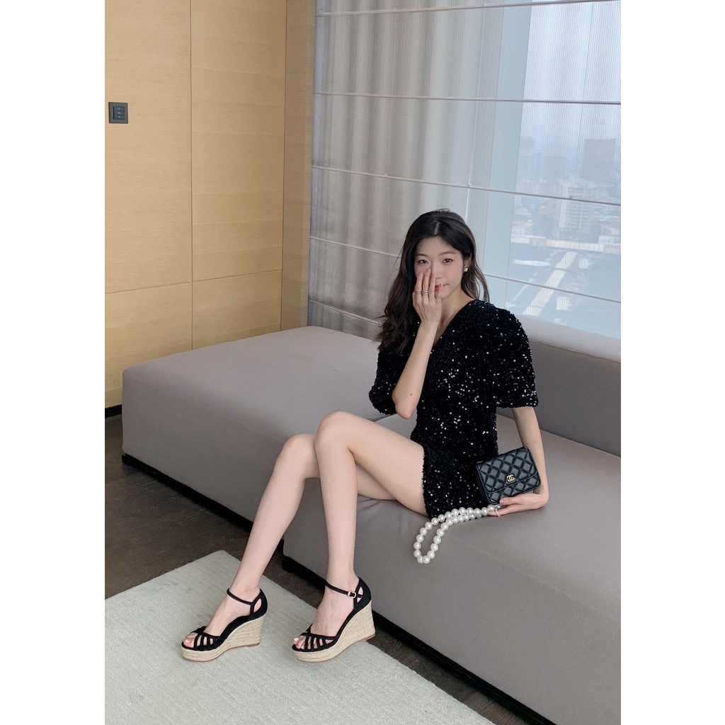 Giày Sandal Cao Gót Đế Xuồng Bện Dây Rơm Mỏng Phong Cách Châu Âu 2022 Cho Nữ