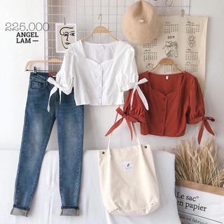 [MisakiShoppu2019] 11327B1 Áo sơ mi croptop tay bồng thắt nơ Hàn Quốc