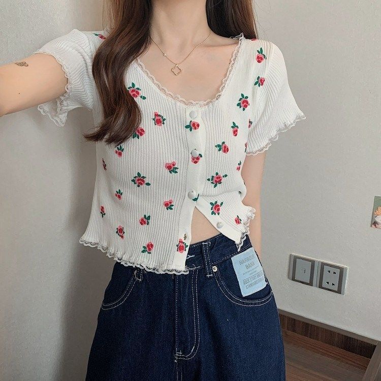 Áo thun cardigan Áo NgắN Tay PhốI Ren Hoa 2022 ThờI Trang Cho Nữ JL-TX-244