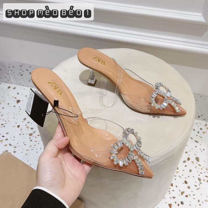 Sandal zara mica trong nơ đá mũi nhọn xuất dư gót nhọn fullbox