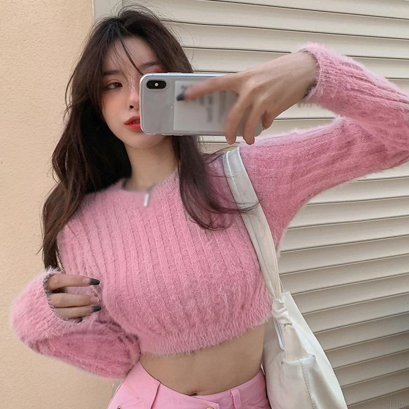 Áo Sweater Dệt Kim Tay Dài Cổ Tròn Màu Sắc Thời Trang Cho Nữ