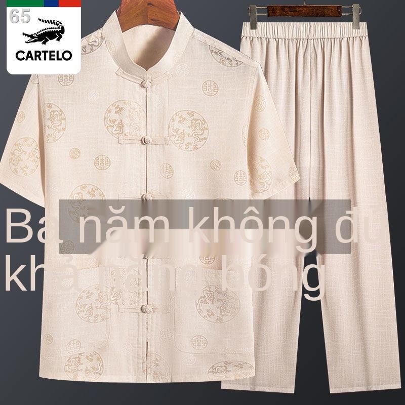 Bộ đồ thường ngày của nam Tang suit cotton và linen ngắn tay ông nội trang phục dân tộc mùa hè bố cao tuổi Hanfu