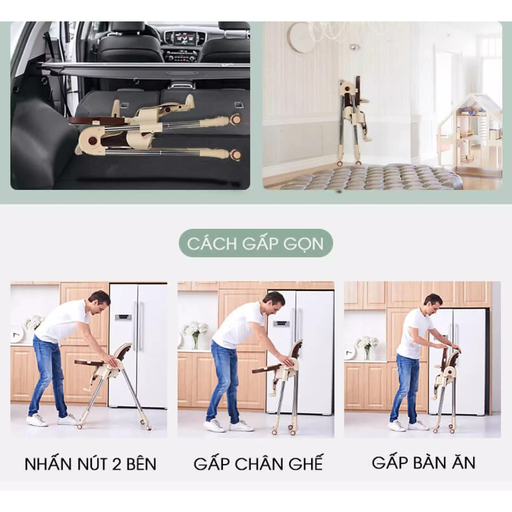 Ghế ăn dặm thế hệ mới 2021 với 3 chế độ cao, có bánh xe