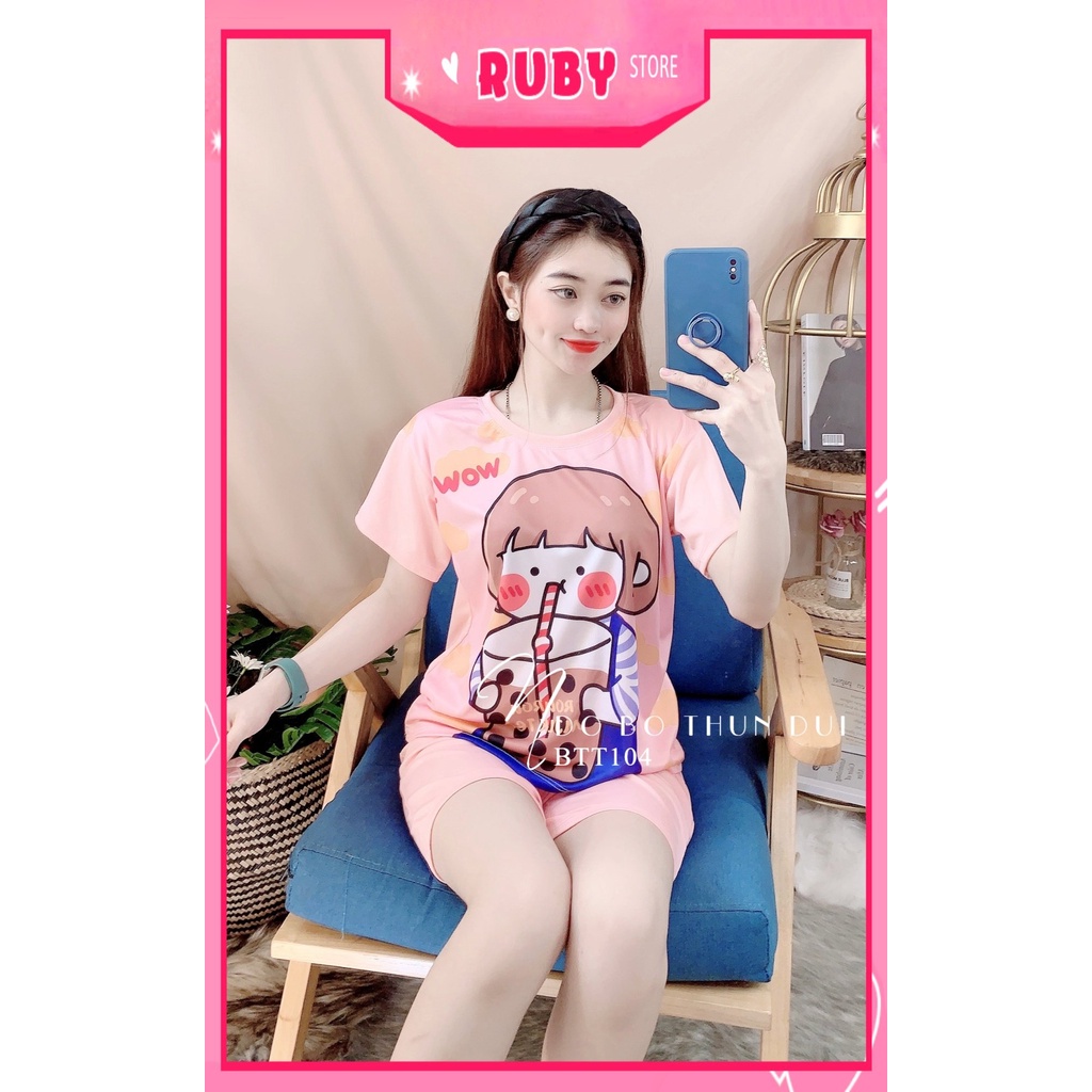 Đồ bộ nữ mặc nhà chất thun mềm mịn mát in hình bé Trà sữa hoạt hình dễ thương Bộ thun đùi BTT104