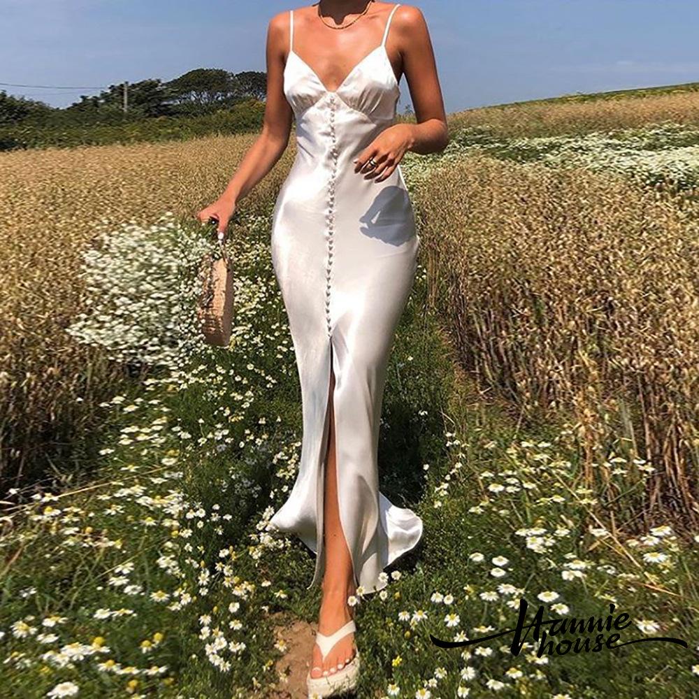 Đầm hai dây dáng dài cổ chữ v lưng cao xẻ tà quyến rũ cho nữ