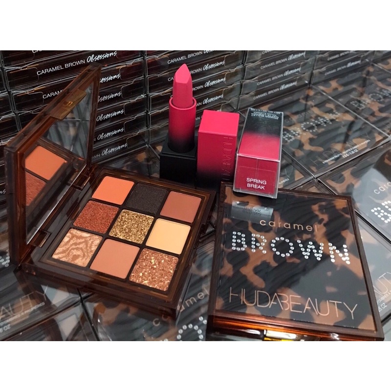 Set Bảng Phấn Mắt Huda Beauty Caramel Brown vs Son Huda Beauty Spring Break