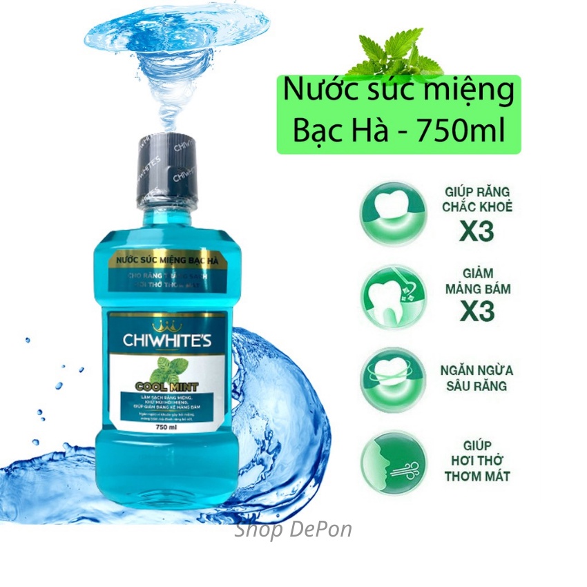 Nước Súc Miệng Bạc Hà Chiwhite's 750ML Ngừa Sâu Răng Chống Hôi Miệng Kháng Khuẩn Làm Sạch Mảng Bám
