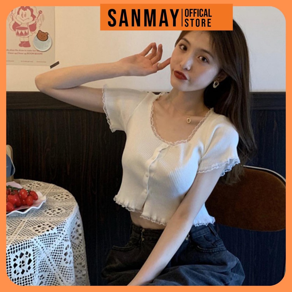 Áo Croptop Tay Ngắn SANJOLI Nữ Cổ Vuông Ôm Body kiểu thun bó bánh bèo Sexy đẹp cá tính đen trắng tím Hàn Quốc AO019