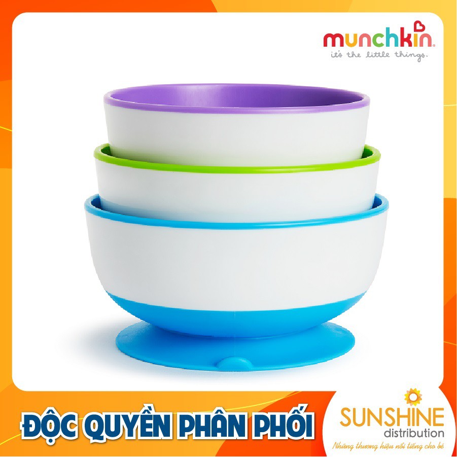 Bộ bát ăn Munchkin chống đổ (Thân bát: Nhựa PP cao cấp, Đế hút: Cao su-USA) dung tích 3 bát: 200ml; 240ml và 300ml