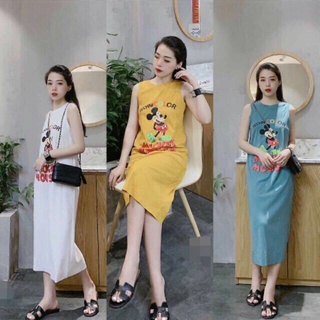 Đầm suông chất cotton sát nách micky dáng dài - Váy ngủ from rộng freesize in hoạt hình 4 màu