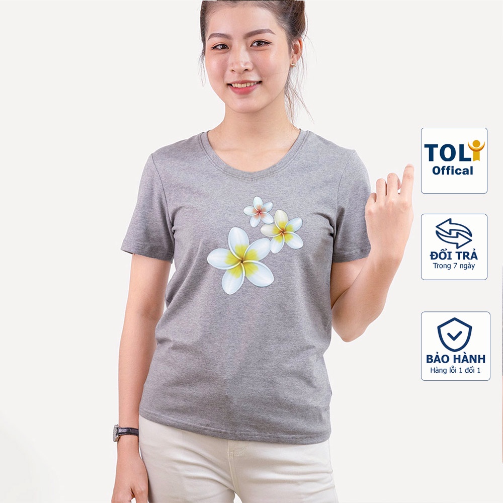Áo thun nữ TOLI cổ tròn màu xám in Hoa Sứ, 100% cotton 4 chiều mềm mịn, co dãn, form suông cơ bản